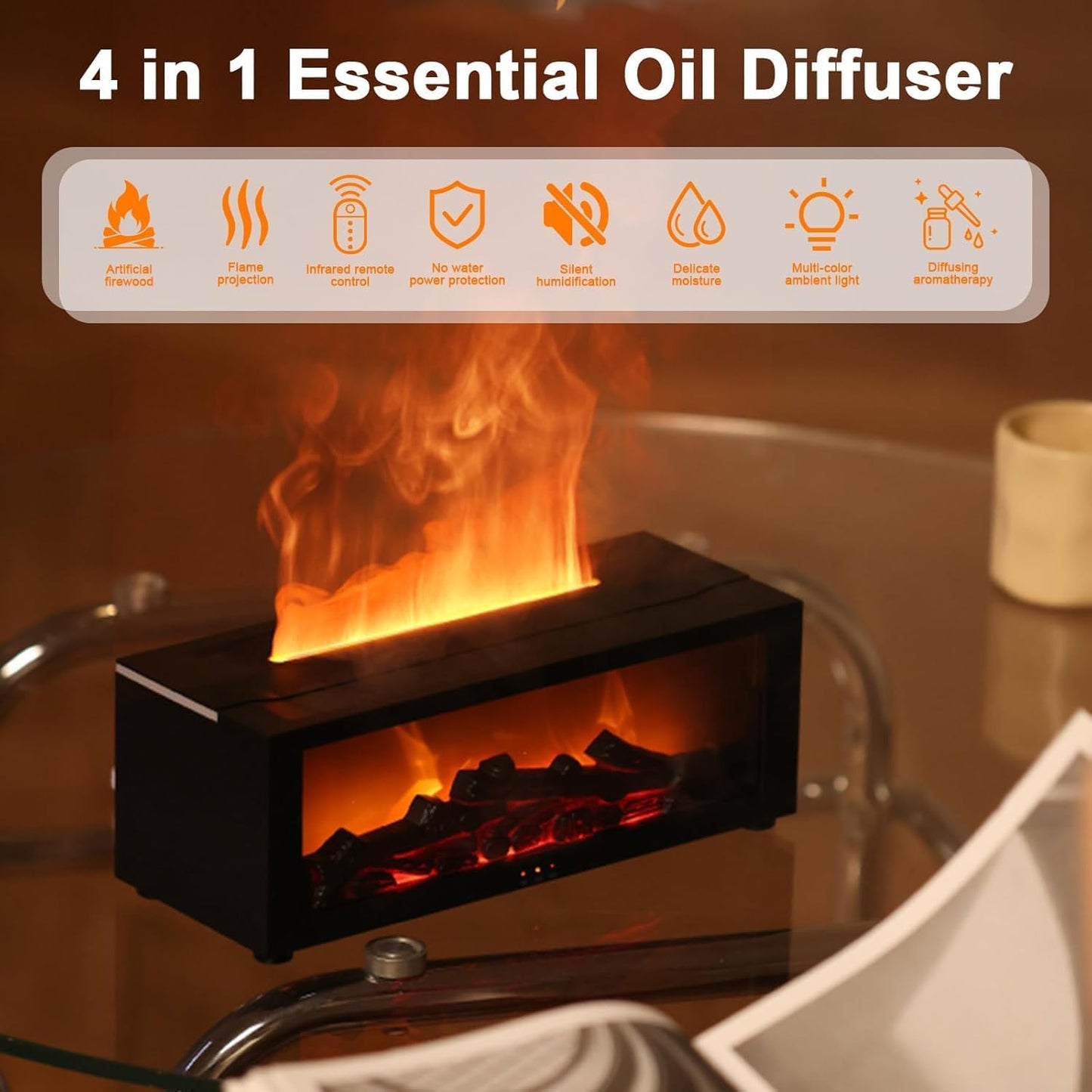 Scented Oil Diffusers Aroma Diffuser Mit LED Kamin, Duftöl Diffusor Für Ätherische Öle Mit 7-Farben-Licht Flammeneffekt, 150Ml Luftbefeuchter Mit Fernbedienung, 4 Timer, Wasserlose Abschaltautomatik